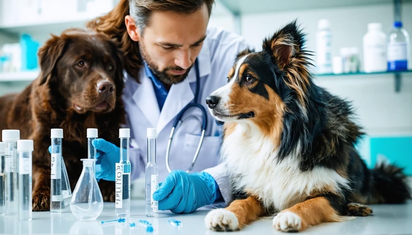 A veterinarian examining a dog