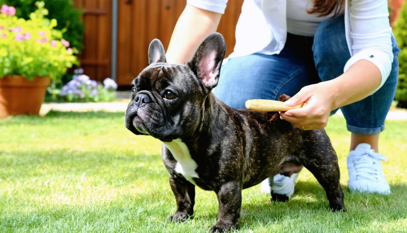 An owner brushing their French Bulldog in a sunny backyard, symbolizing care and allergy support