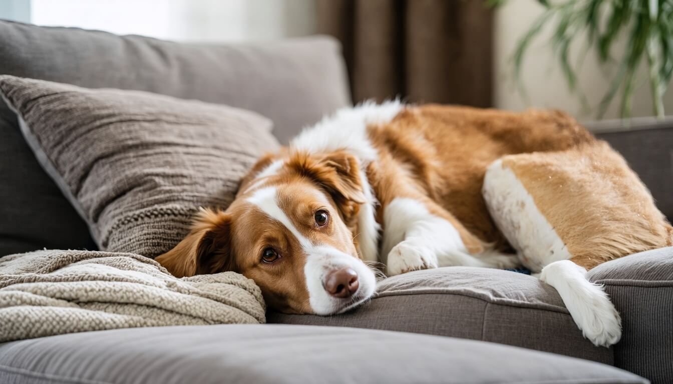 A relaxed dog in a cozy living room, symbolising stress reduction and overall well-being from probiotics