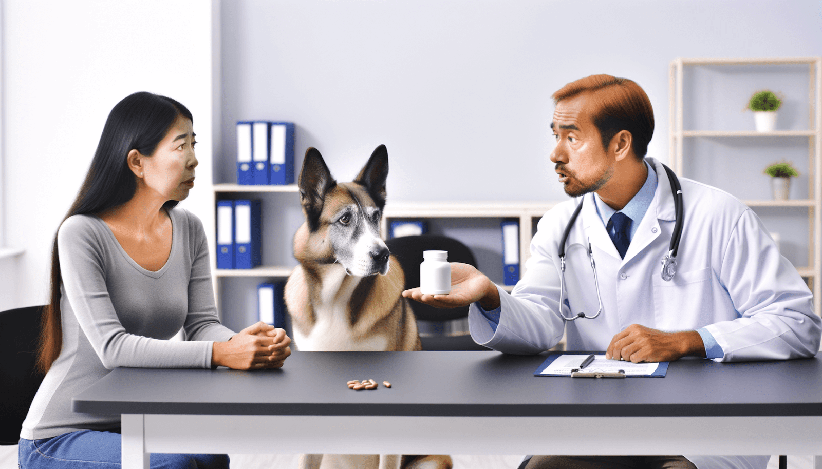 A veterinarian consulting with a pet owner in a clinic setting, discussing joint health supplements