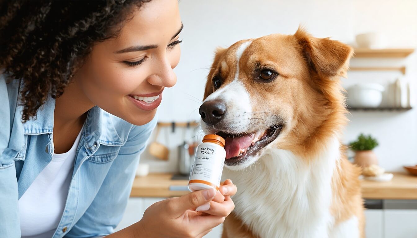A dog owner feeding their dog a probiotic supplement for gut health