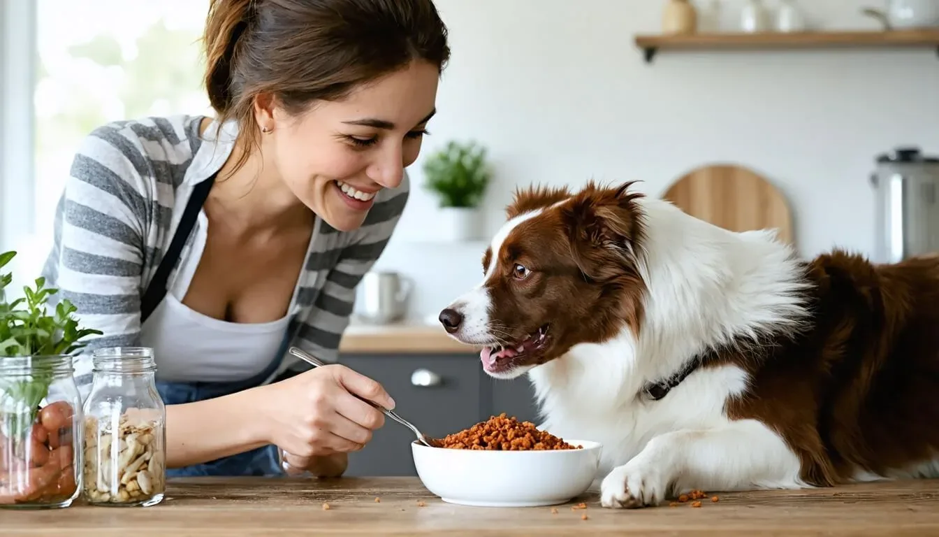 A dog owner feeding their dog a meal rich in probiotics in a cozy kitchen