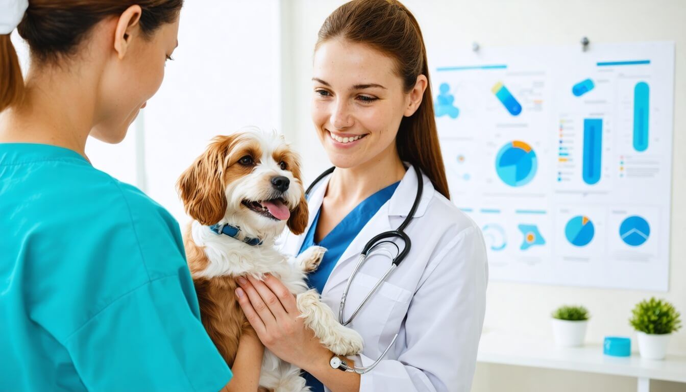 A veterinarian consulting with a dog owner about probiotics for senior dog health.