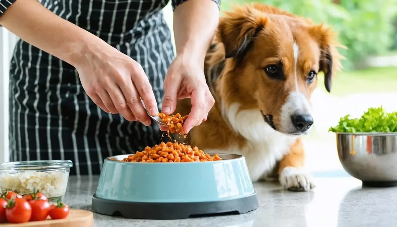 An owner mixing probiotic-rich food into their dog