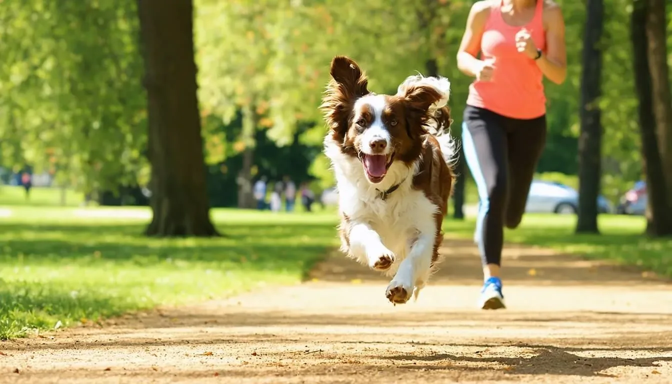 A dog joyfully running in a park, emphasising the importance of exercise for gut health.