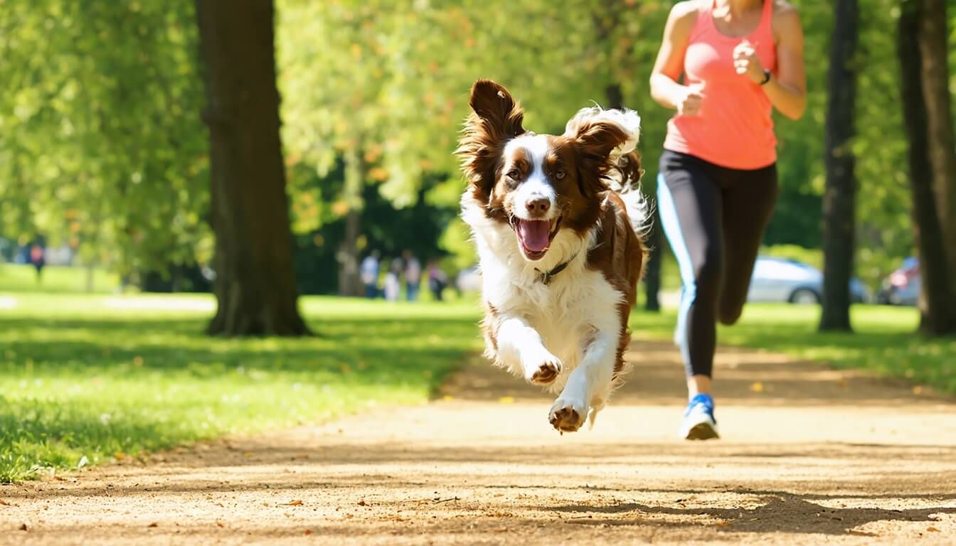 A dog joyfully running in a park, emphasising the importance of exercise for gut health.