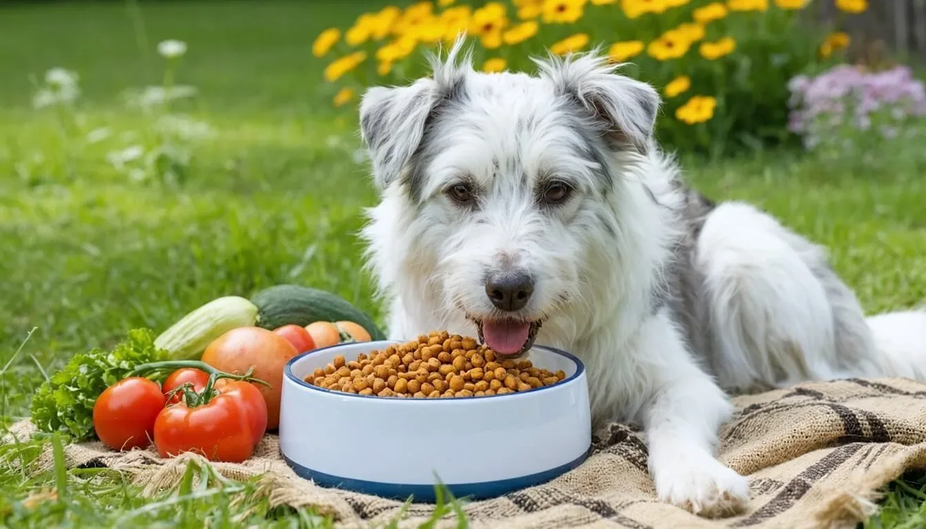 A dog enjoying a nutritious meal with high-fibre food for gut health