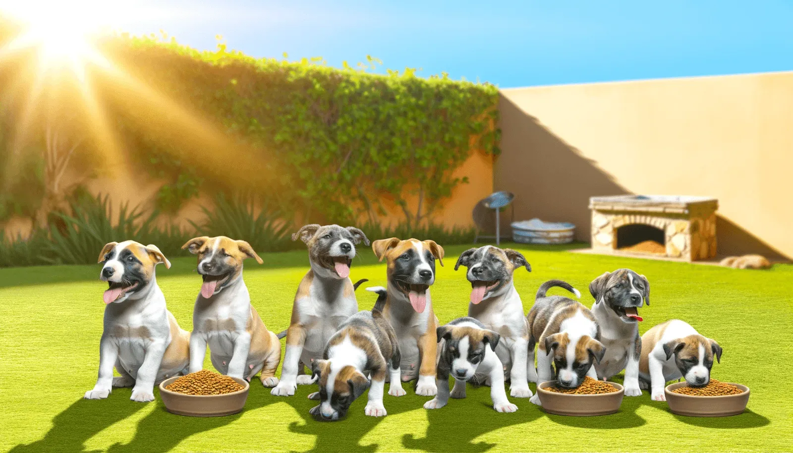 A group of puppies playing together in a sunny backyard, showcasing their thriving energy and health