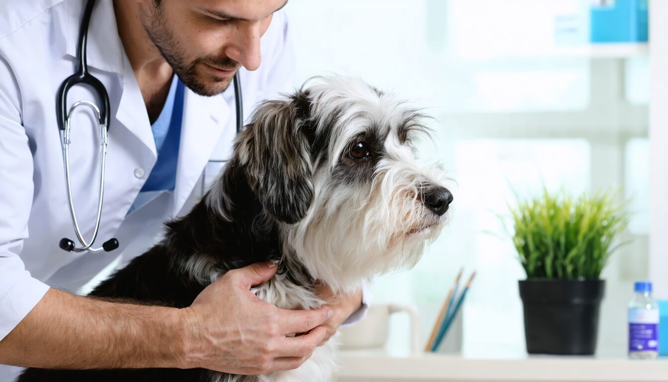 A veterinarian examining an elderly dog, highlighting the importance of professional guidance for senior canine health