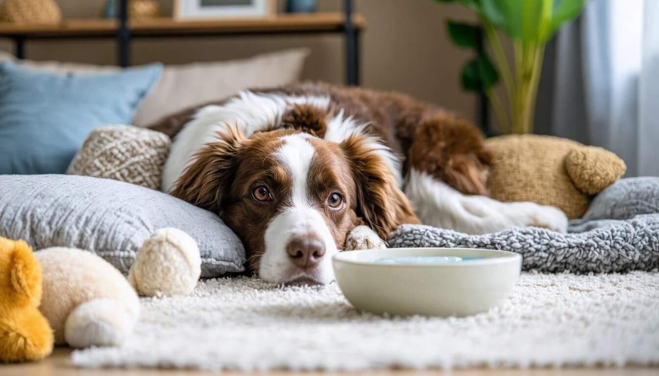 A relaxed dog in a cozy environment, illustrating the benefits of probiotics for overall well-being