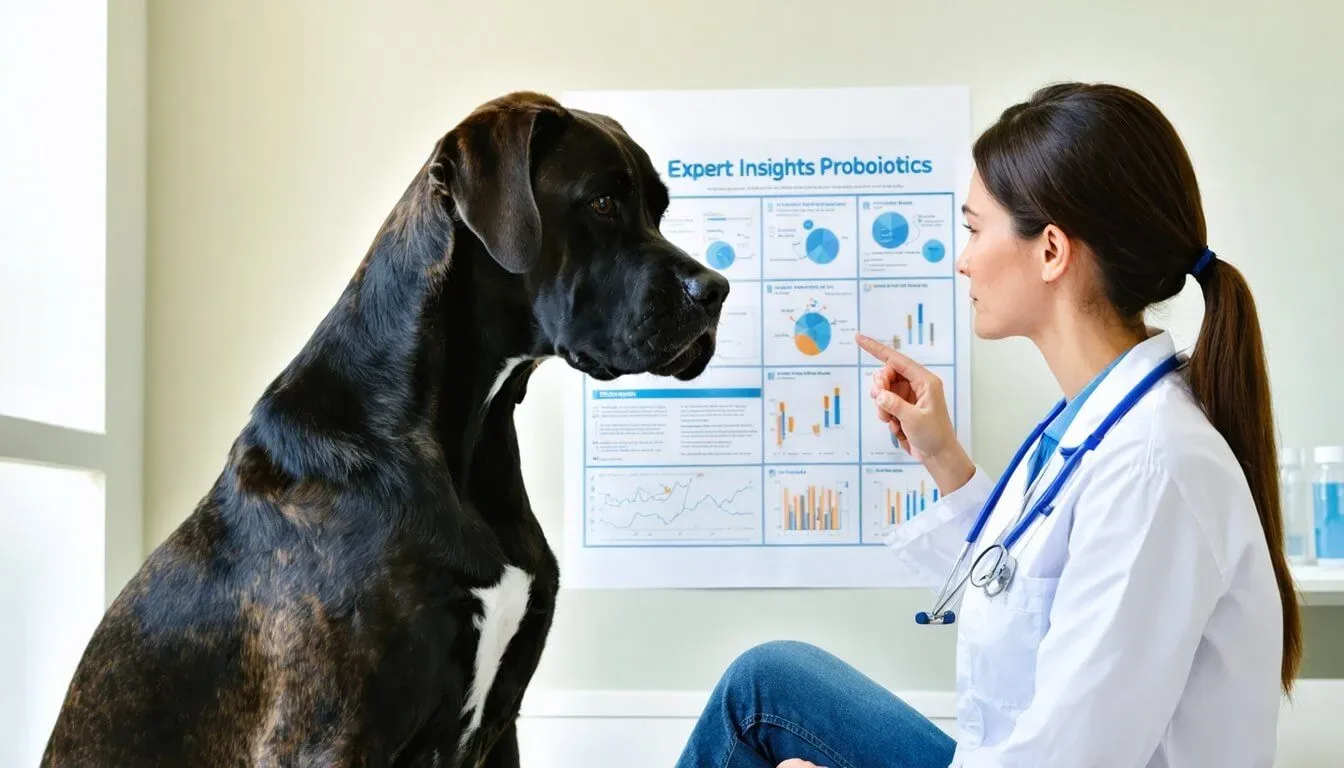 Veterinarian discussing probiotics with Great Dane owner for gut health