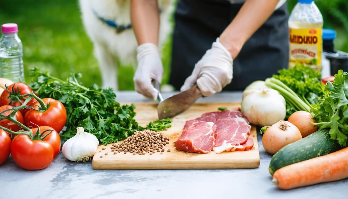 A dog owner preparing a healthy meal with fresh ingredients for their pet