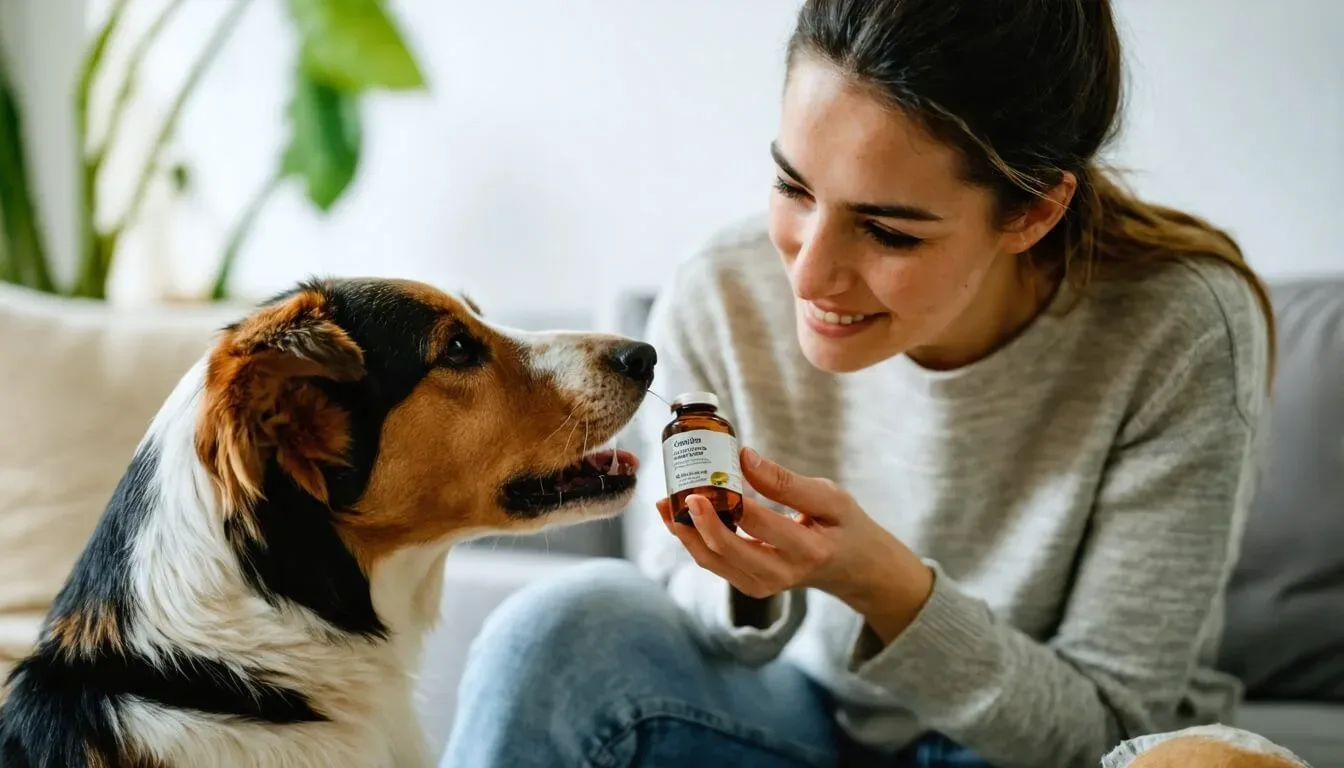 Owner feeding dog a probiotic supplement for better digestive health