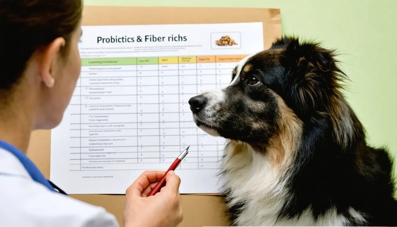 A veterinarian consulting a dog owner about probiotics and fibre-rich diets