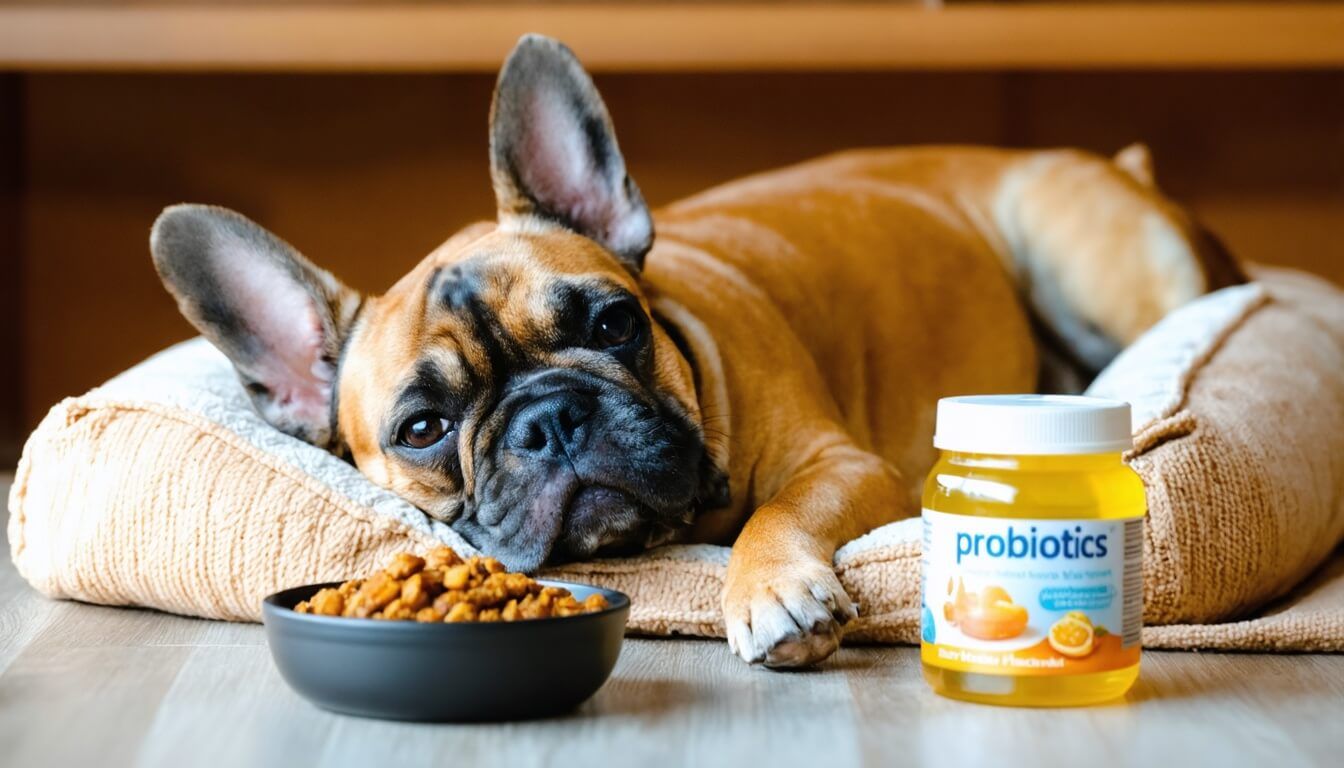 A French Bulldog resting on a dog bed with probiotics, highlighting support for sensitive stomachs