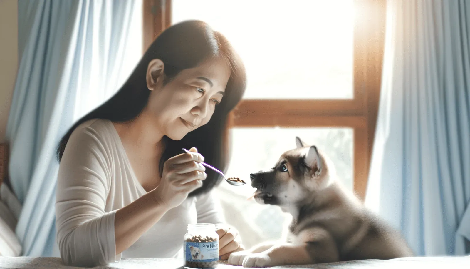 A puppy happily interacting with its owner, who is gently offering a spoonful of probiotic supplement mixed with food