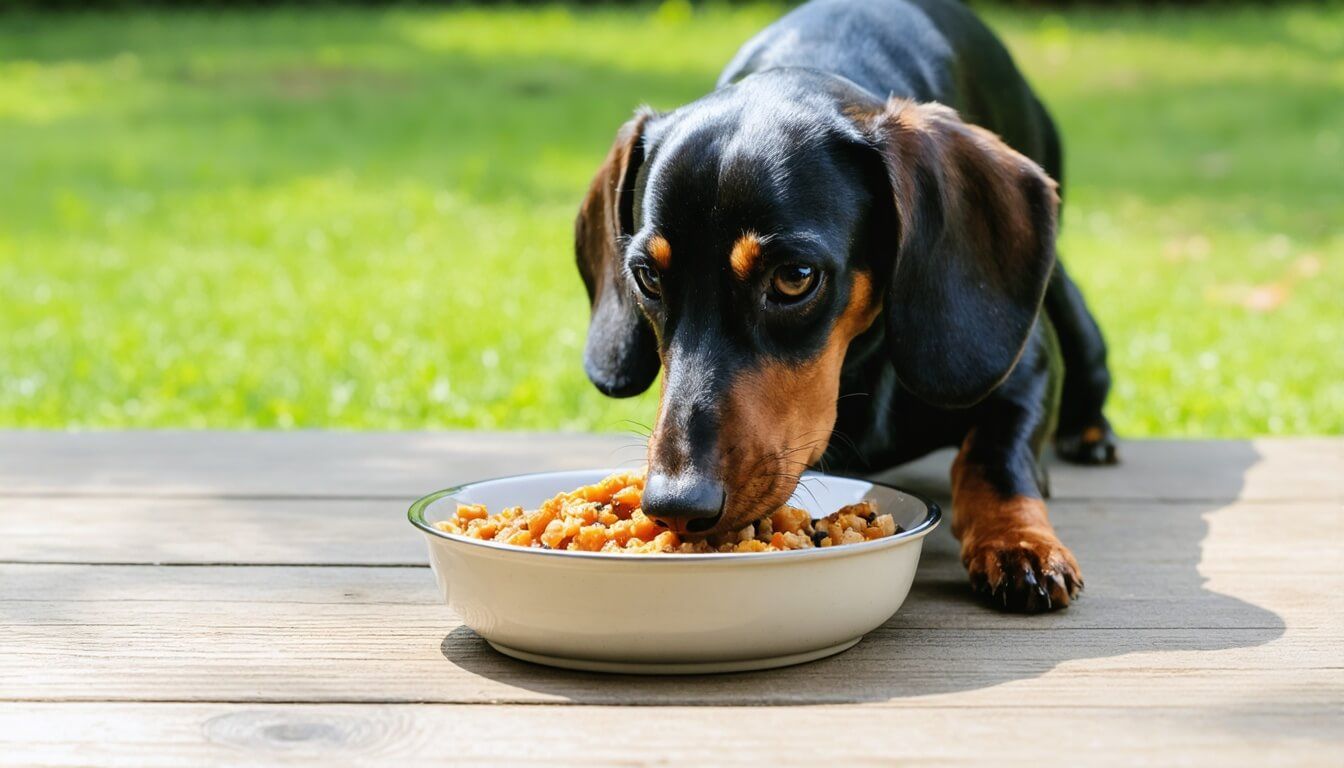 A Dachshund enjoying a meal outdoors, highlighting the importance of a balanced diet for improved digestion