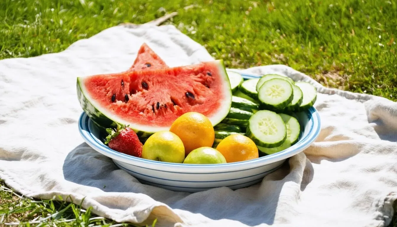 A bowl of fresh fruits and vegetables for dogs, including cucumbers and watermelon, highlighting healthy summer eating.
