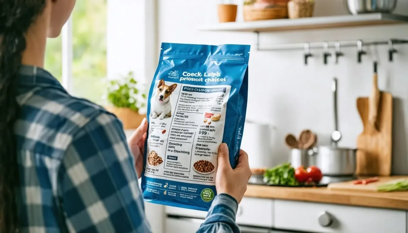 A dog owner reading the ingredients of a dog food bag to check for probiotics