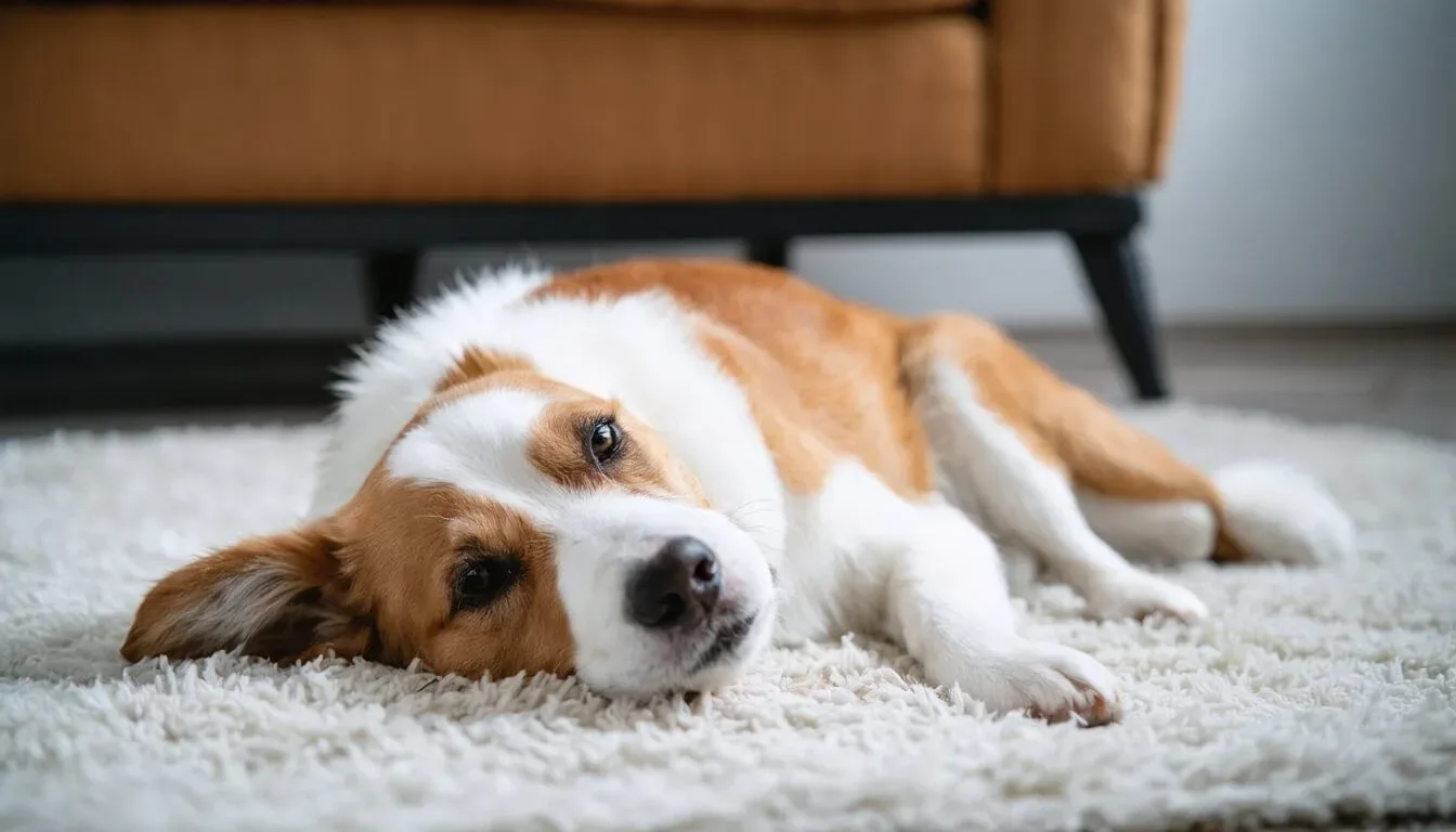A dog lying comfortably on a soft rug, showcasing the positive impact of probiotics on mood and stress levels