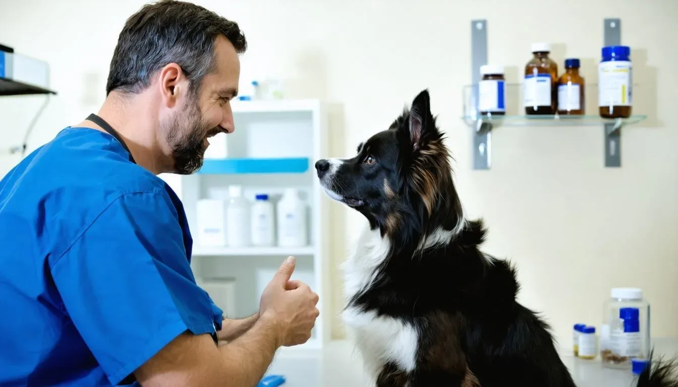 A veterinarian consulting with a dog owner about probiotic options for skin allergies