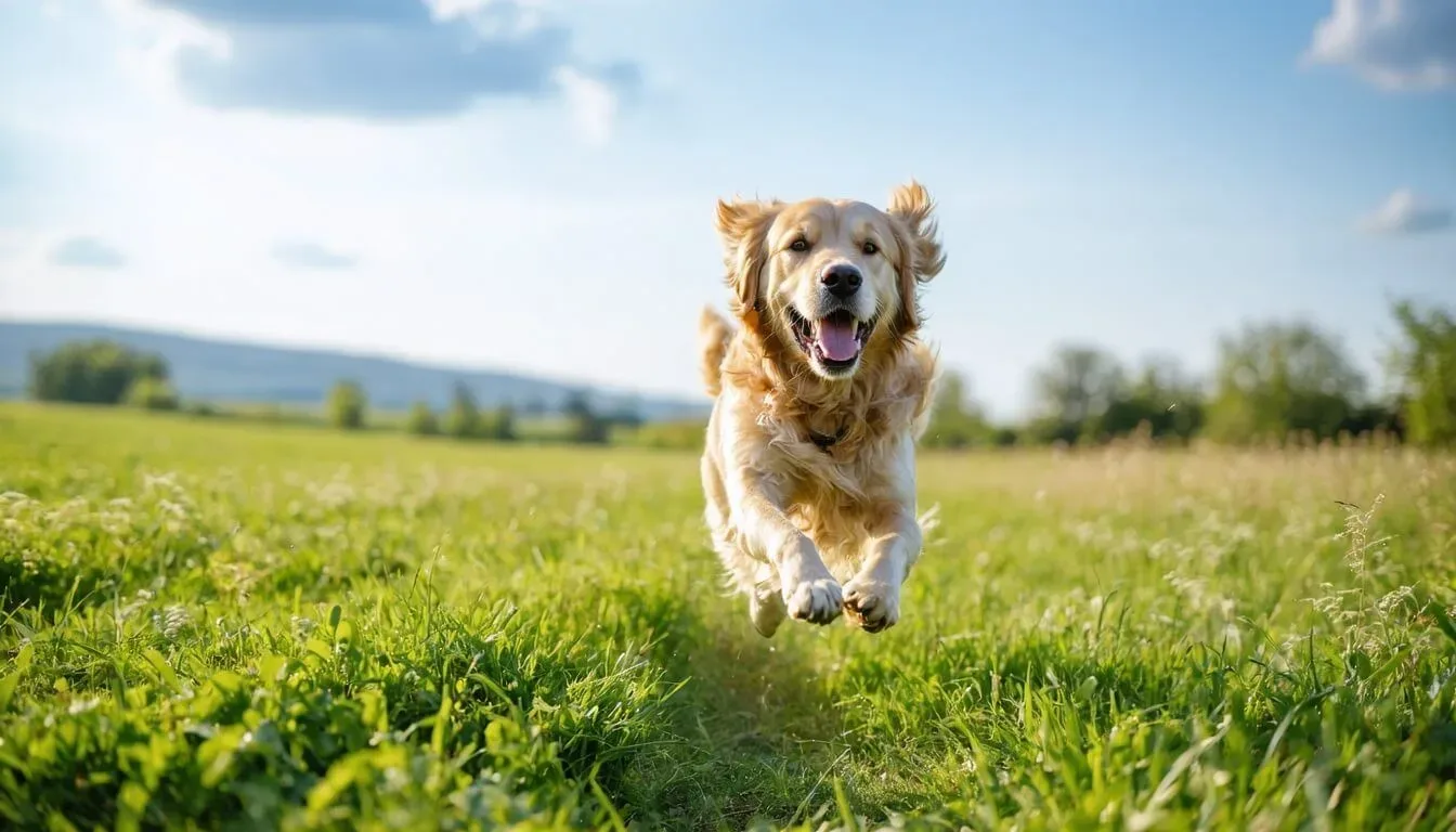 A Golden Retriever playing joyfully in a field, showcasing vitality and health
