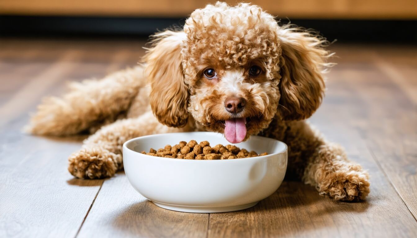 A poodle happily enjoying a nutritious meal that supports its digestive health