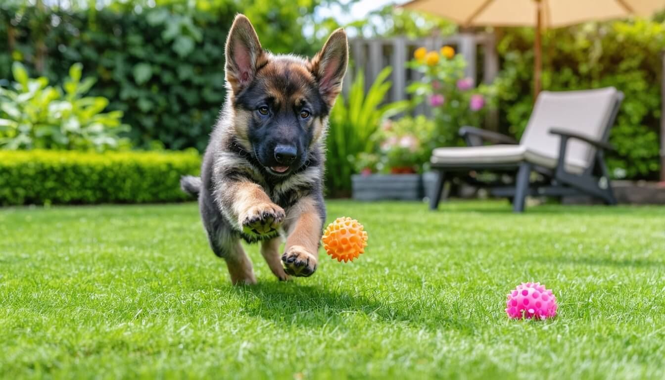 A German Shepherd puppy joyfully playing with toys, representing the benefits of probiotics on health