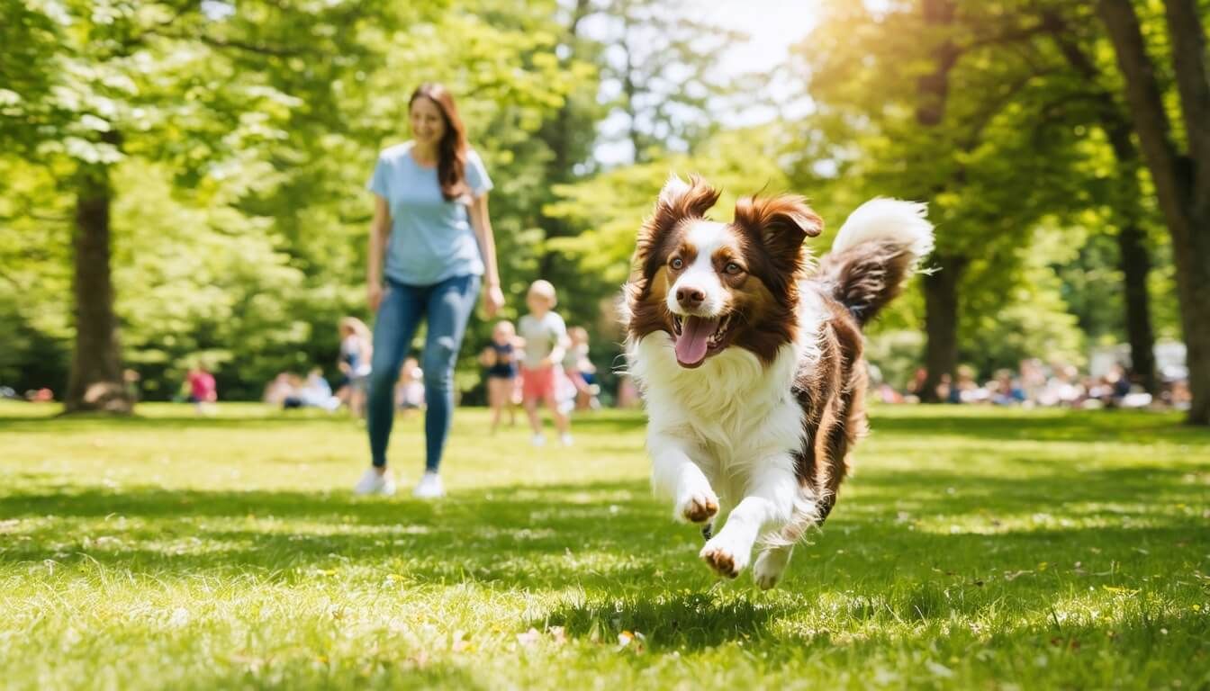 A happy dog playing in the park illustrating improved digestion and vitality from probiotics