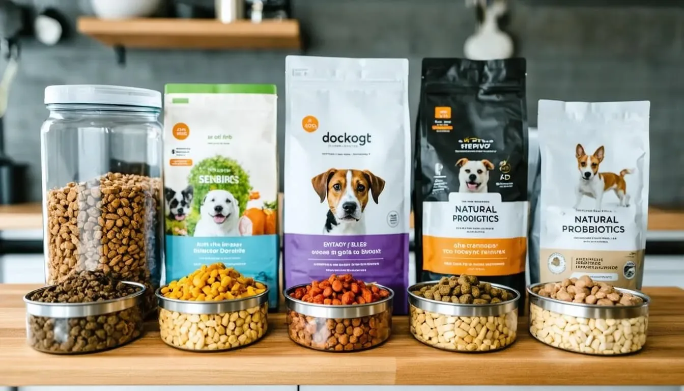 An array of dog food options including kibble and natural supplements, highlighting dietary choices for dogs