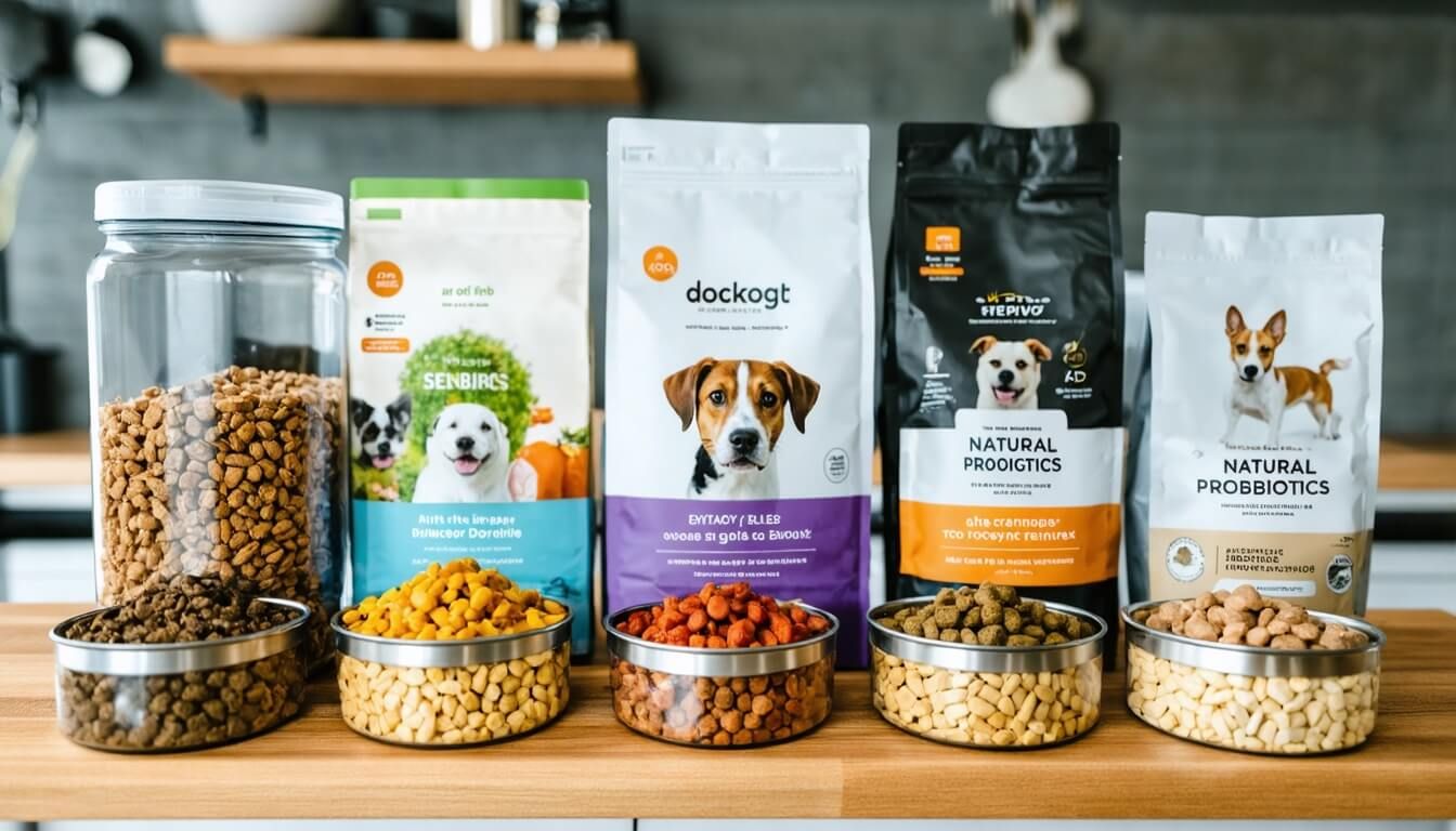 An array of dog food options including kibble and natural supplements, highlighting dietary choices for dogs