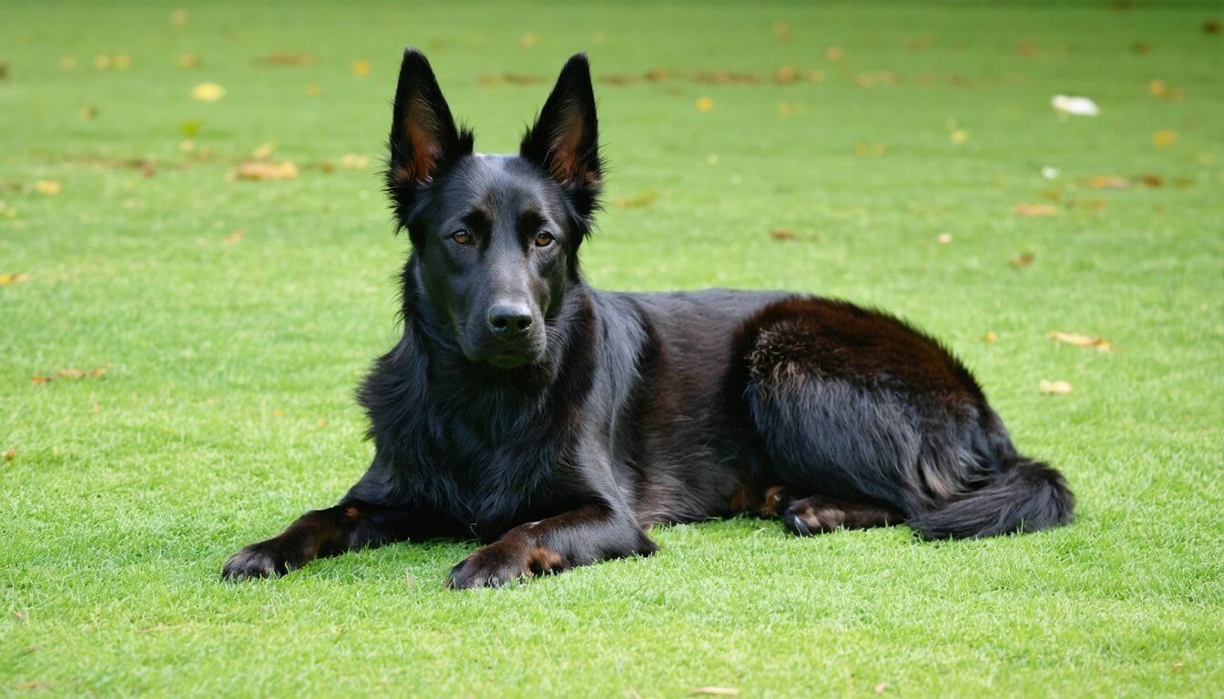 A tranquil Kelpie resting peacefully on a grassy patch, highlighting the calming effects of probiotics on anxious dogs.