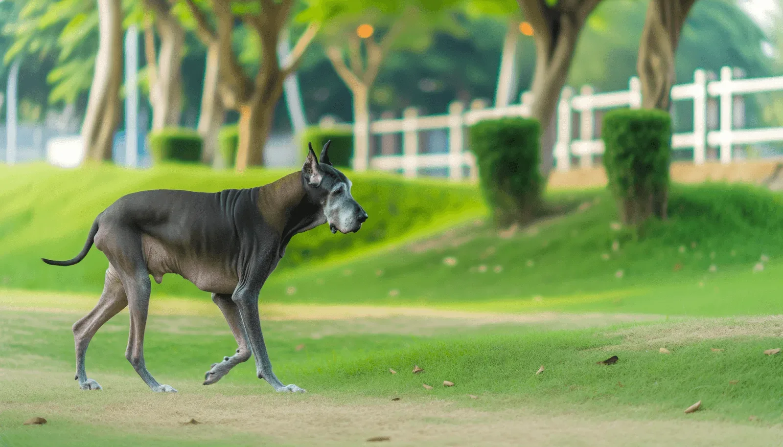 An older dog walking slowly in a park, showcasing its movement with care