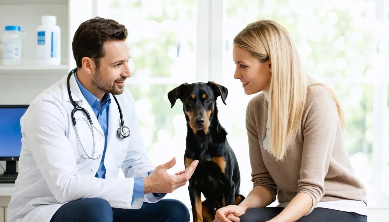 A veterinarian explaining the benefits of probiotics to a dog owner in a clinic setting