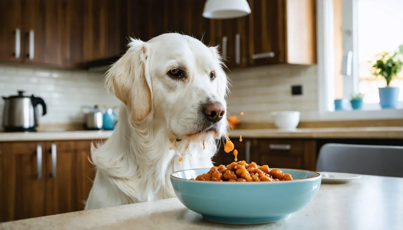 An elderly dog enjoying a meal, illustrating the importance of nutrition and probiotics for senior dogs