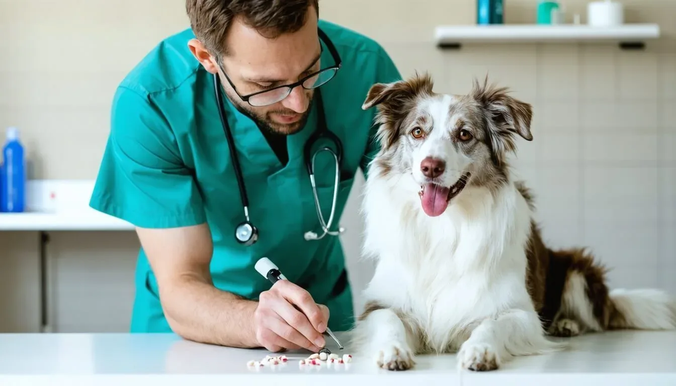 A veterinarian consulting with a dog owner about probiotics for digestive health