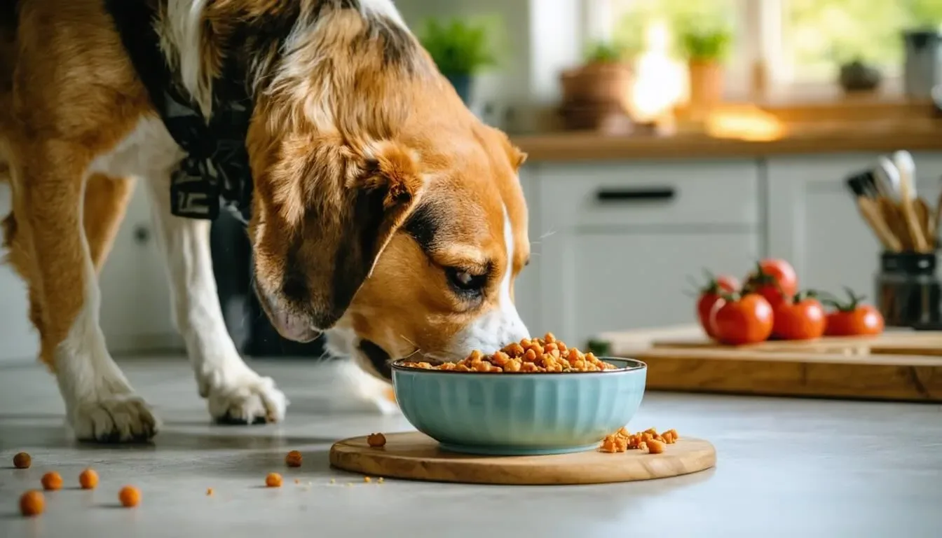 A dog happily eating a bowl of probiotic-rich food in a cozy home environment