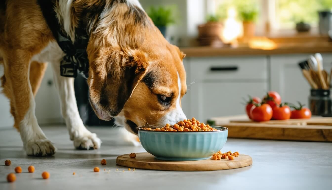 A dog happily eating a bowl of probiotic-rich food in a cozy home environment