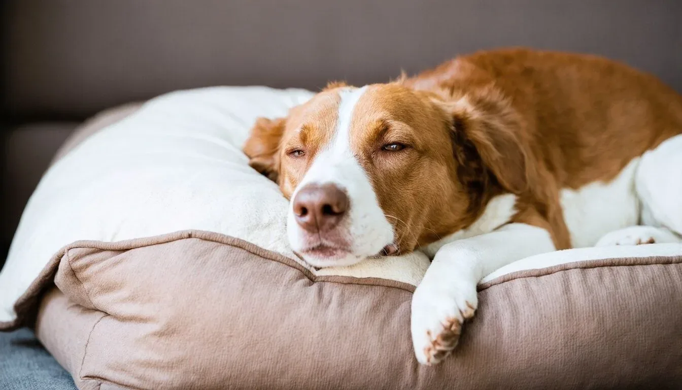 A relaxed dog lying on a comfortable bed, showcasing improved sleep quality from probiotics