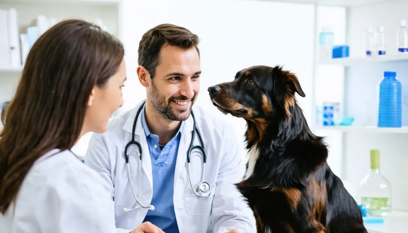 A veterinarian consulting with a dog owner about the health benefits of probiotics for dogs