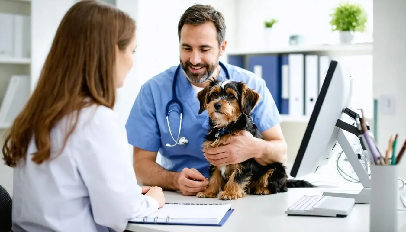 A veterinarian consulting with a dog owner about probiotics for managing separation anxiety
