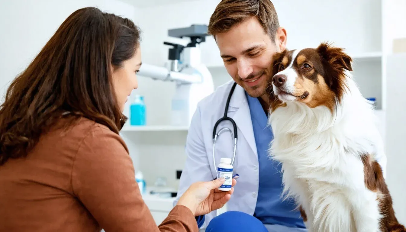 A veterinarian consulting with a dog owner about probiotic supplements in a calm clinic setting