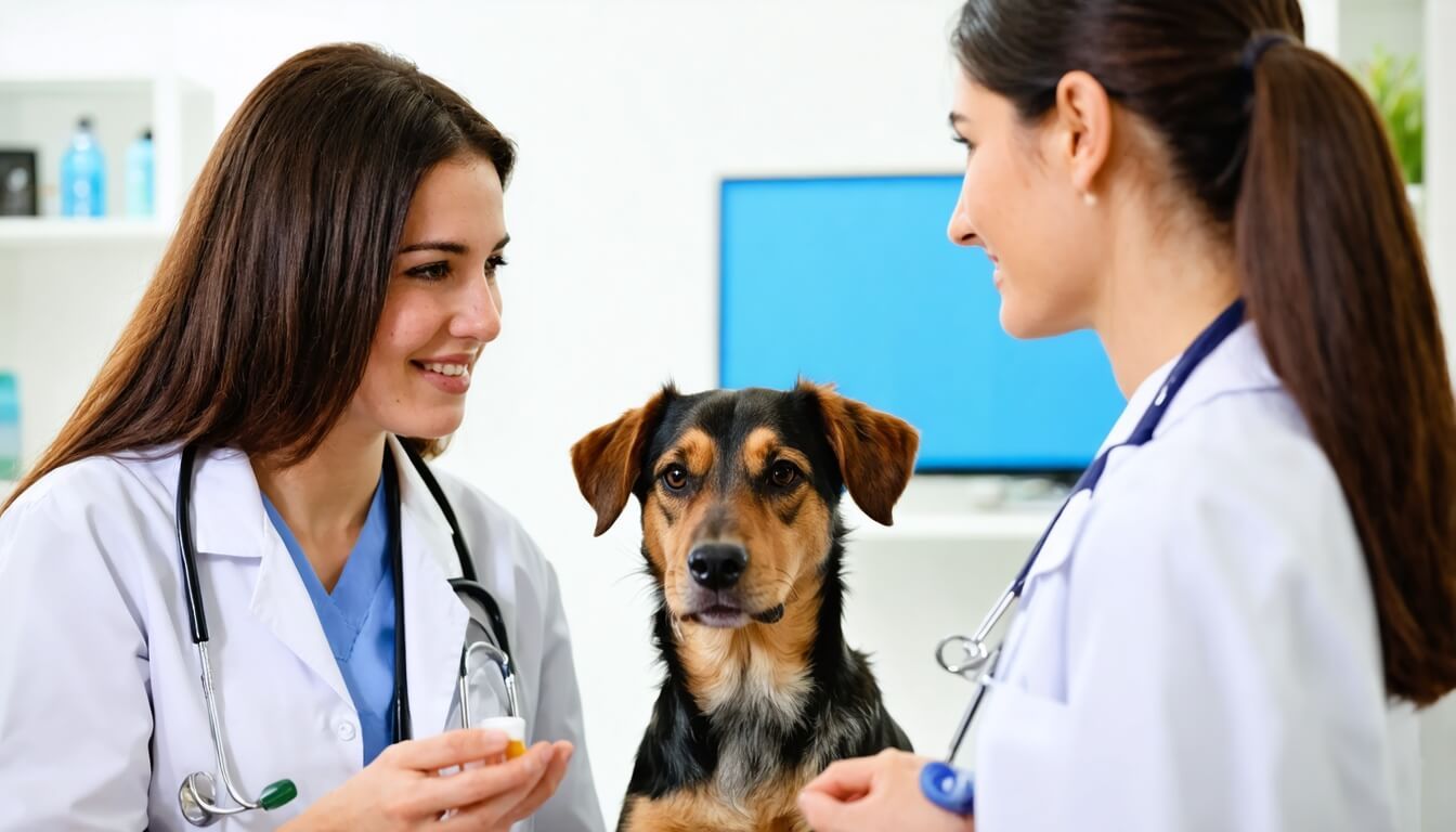 A veterinarian consulting with a dog owner about probiotics, highlighting the importance of professional guidance