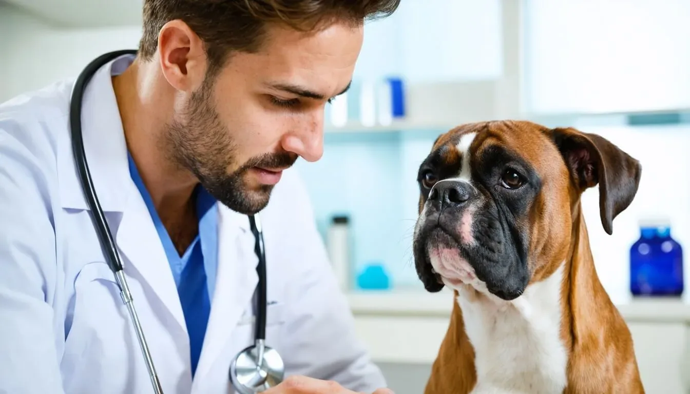 A veterinarian examining a Boxer dog to ensure its digestive health and discuss probiotics