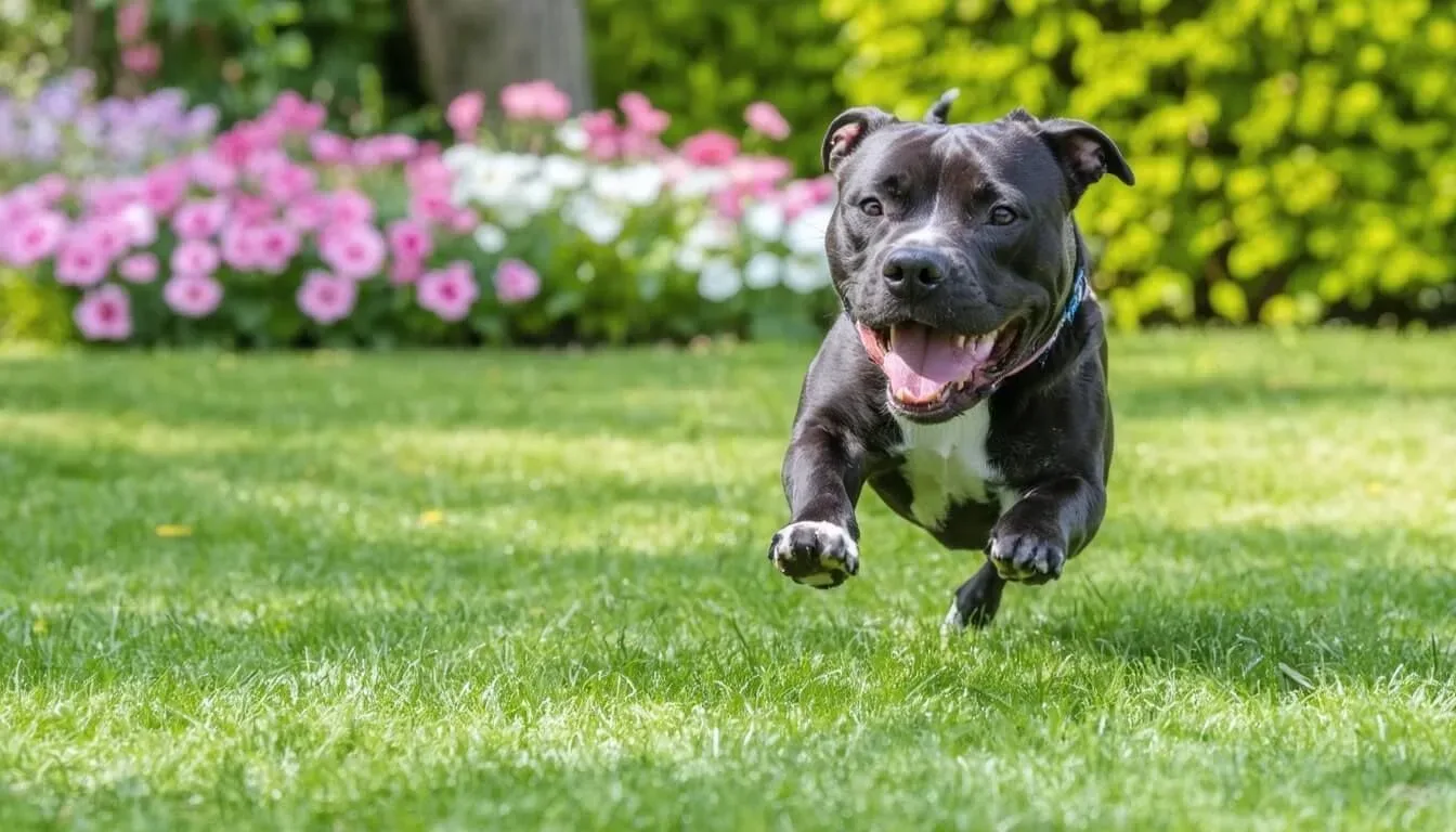 A Staffordshire Bull Terrier playing outdoors, illustrating healthy skin and energy enhanced by probiotics