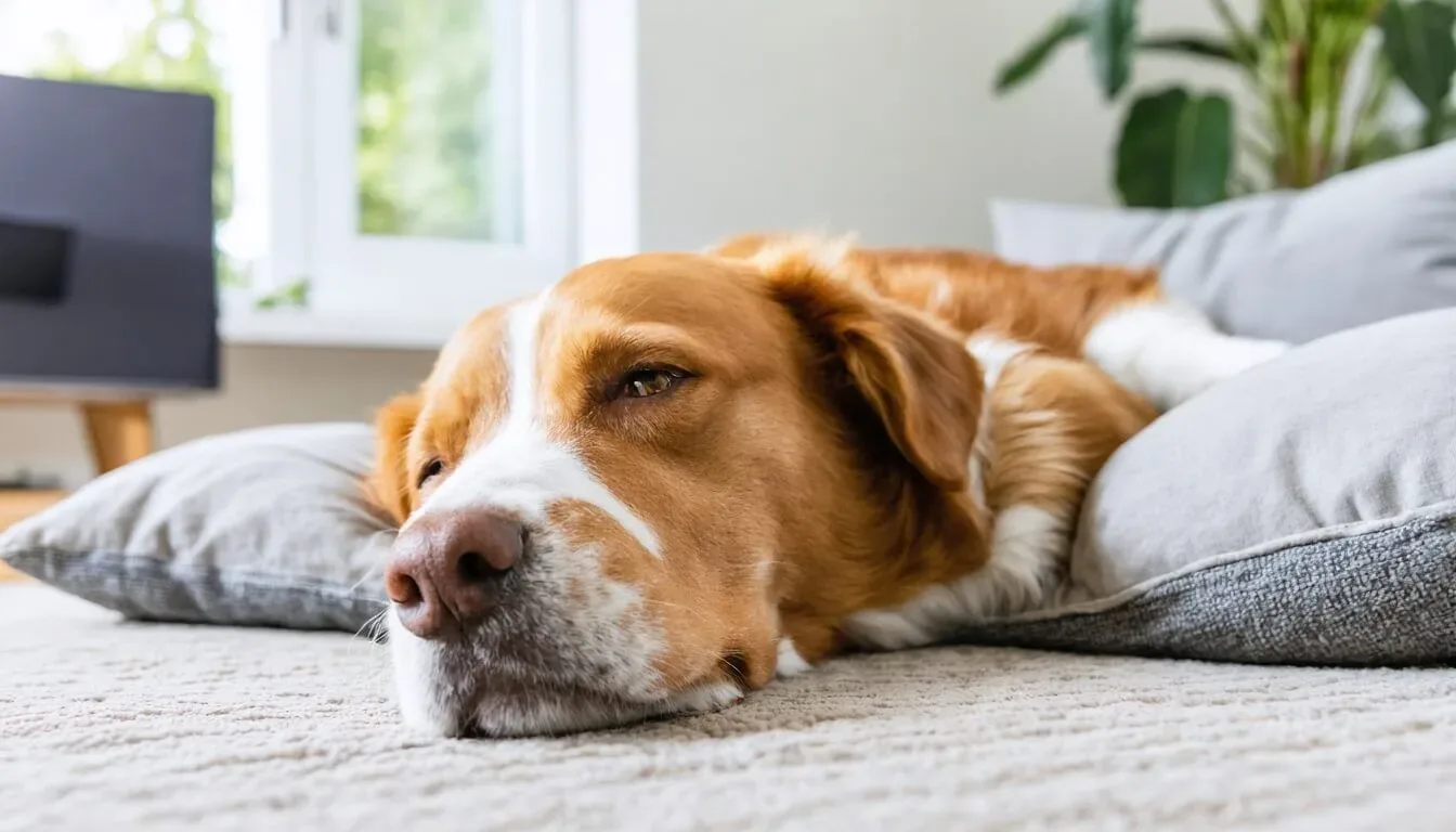 A serene dog resting comfortably at home, showcasing the effects of probiotics on anxiety
