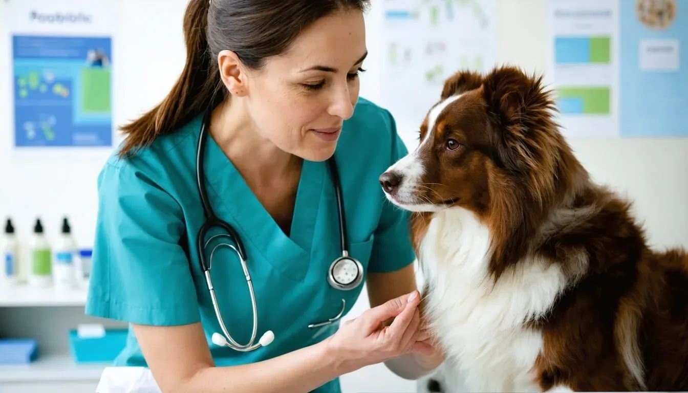 A veterinarian examining a calm dog, highlighting the importance of professional advice for probiotics