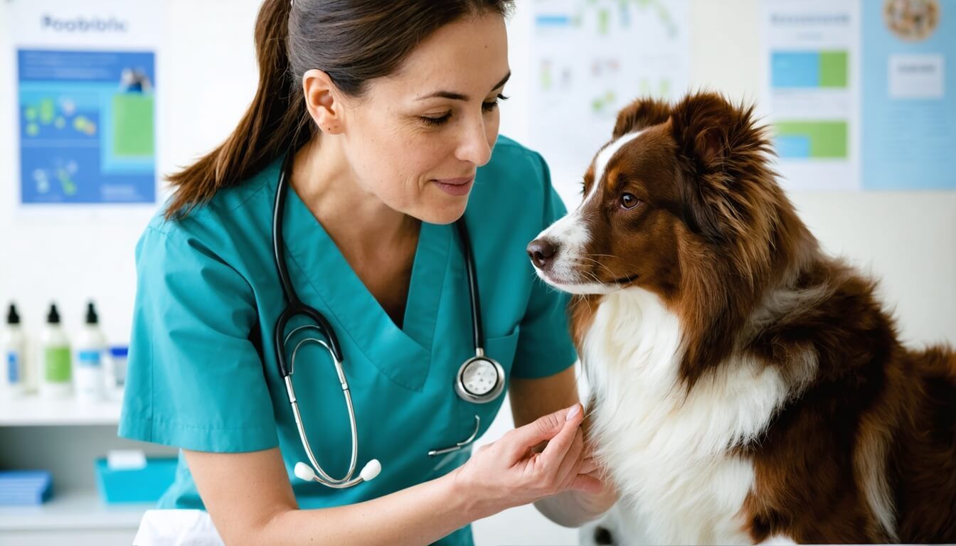 A veterinarian examining a calm dog, highlighting the importance of professional advice for probiotics