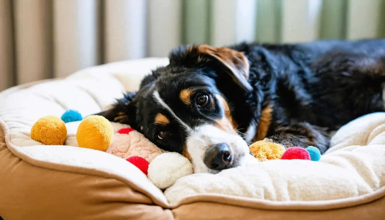 A dog lying comfortably on a soft bed, conveying a sense of calmness and safety for dogs with separation anxiety