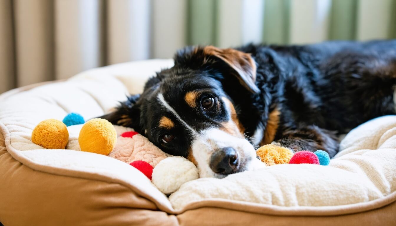 A dog lying comfortably on a soft bed, conveying a sense of calmness and safety for dogs with separation anxiety